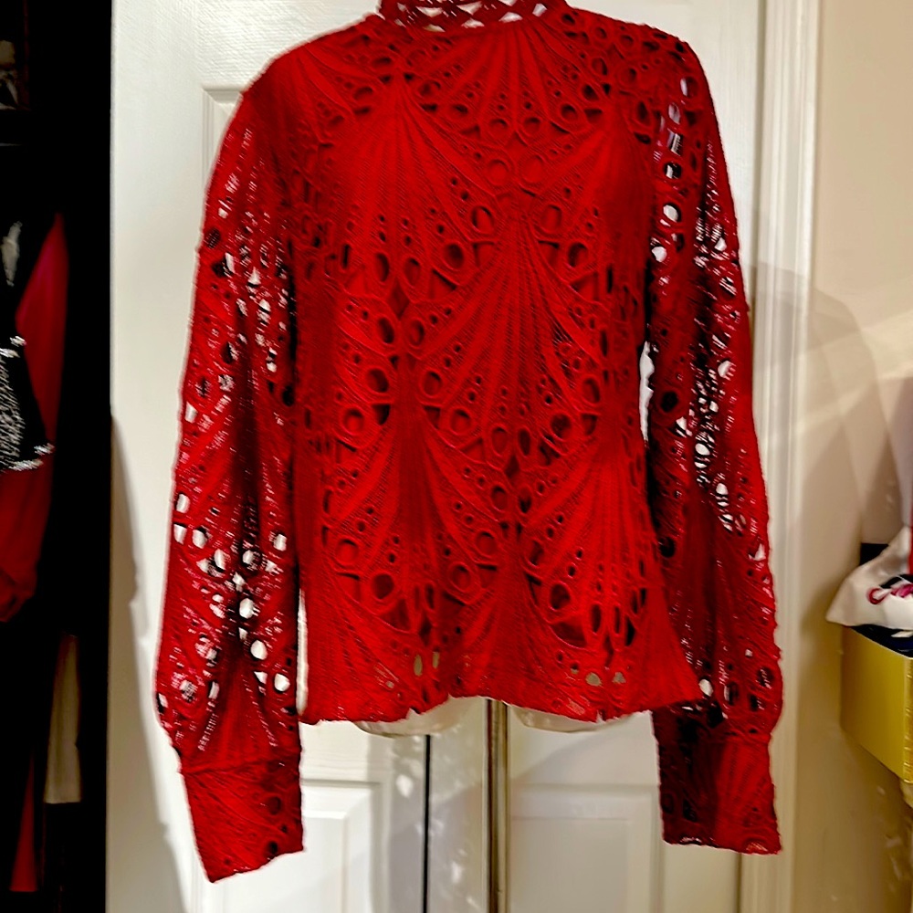 Burgundy blouse with long sleeves, crochet, size large